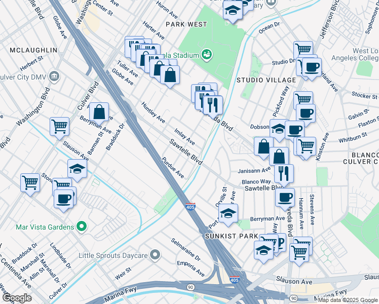 map of restaurants, bars, coffee shops, grocery stores, and more near 5015 Sawtelle Boulevard in Culver City