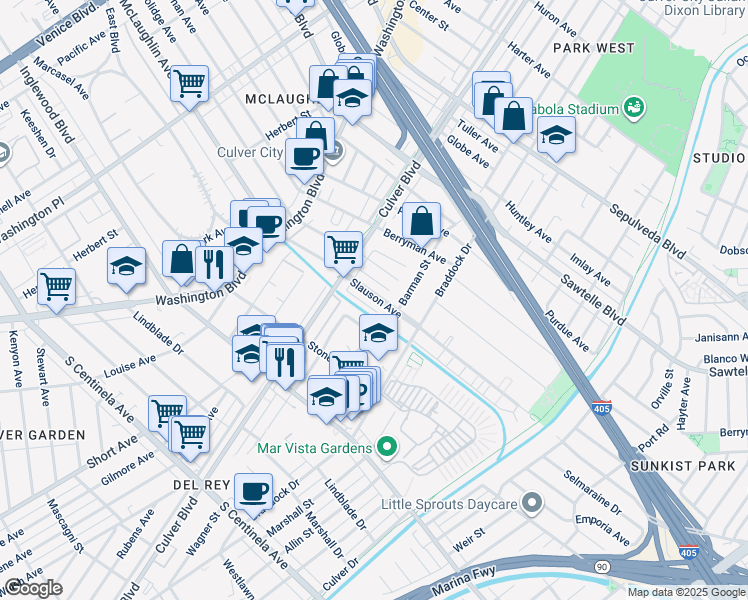 map of restaurants, bars, coffee shops, grocery stores, and more near 4521 South Slauson Avenue in Culver City