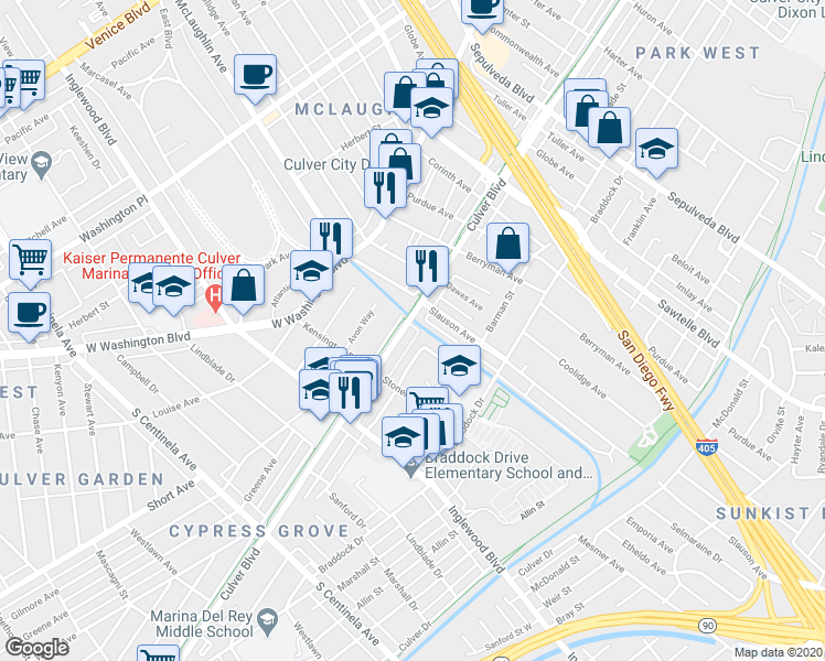 map of restaurants, bars, coffee shops, grocery stores, and more near 11802 Lindblade Street in Culver City