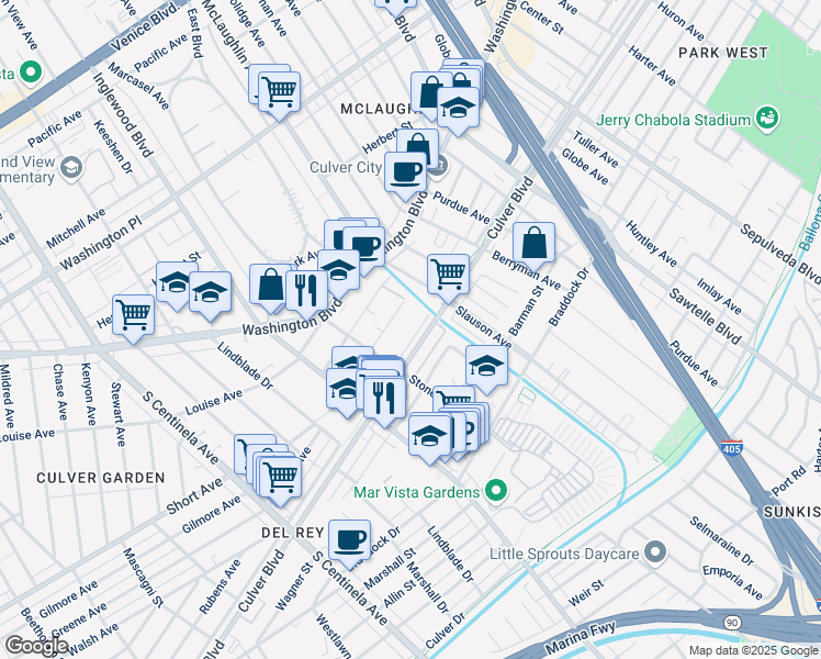 map of restaurants, bars, coffee shops, grocery stores, and more near 11761 Culver Boulevard in Los Angeles