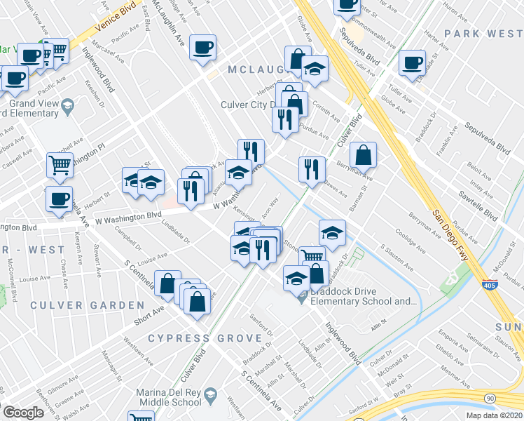 map of restaurants, bars, coffee shops, grocery stores, and more near 11823 Avon Way in Los Angeles