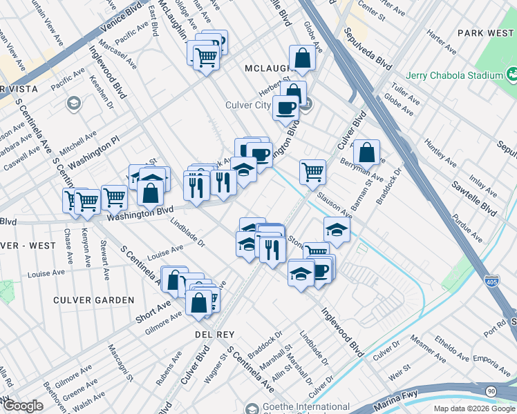 map of restaurants, bars, coffee shops, grocery stores, and more near 11819 1/2 Avon Way in Los Angeles