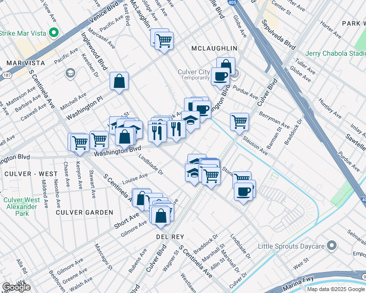 map of restaurants, bars, coffee shops, grocery stores, and more near 11928 Washington Boulevard in Los Angeles