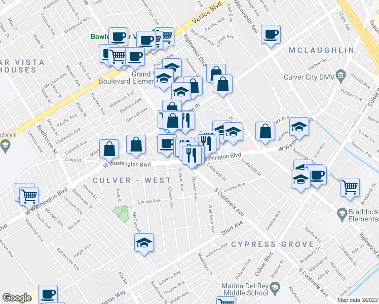 map of restaurants, bars, coffee shops, grocery stores, and more near in Culver City