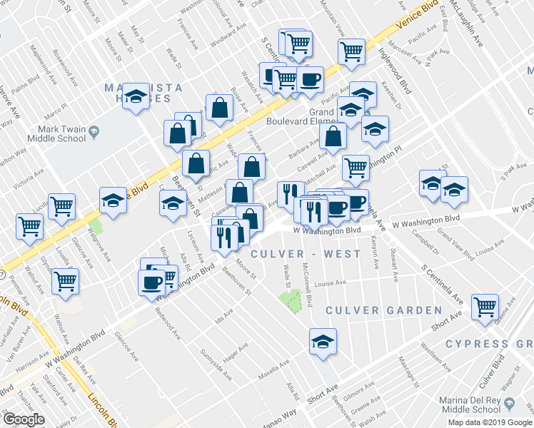 map of restaurants, bars, coffee shops, grocery stores, and more near 12710 Mitchell Avenue in Los Angeles