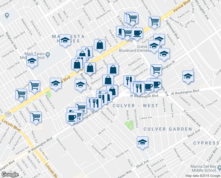 map of restaurants, bars, coffee shops, grocery stores, and more near 12751 Mitchell Avenue in Los Angeles