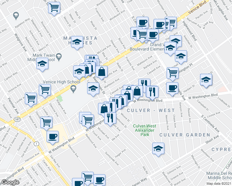 map of restaurants, bars, coffee shops, grocery stores, and more near 3939 Moore Street in Los Angeles