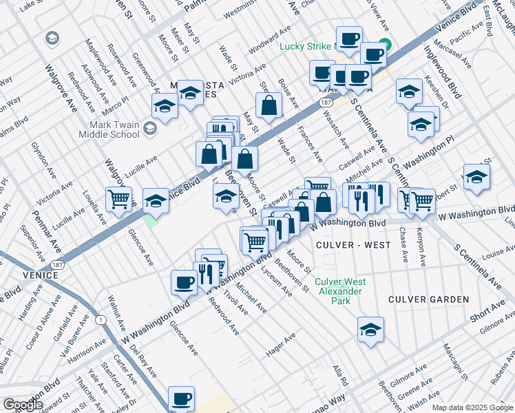map of restaurants, bars, coffee shops, grocery stores, and more near 3939 Moore Street in Los Angeles