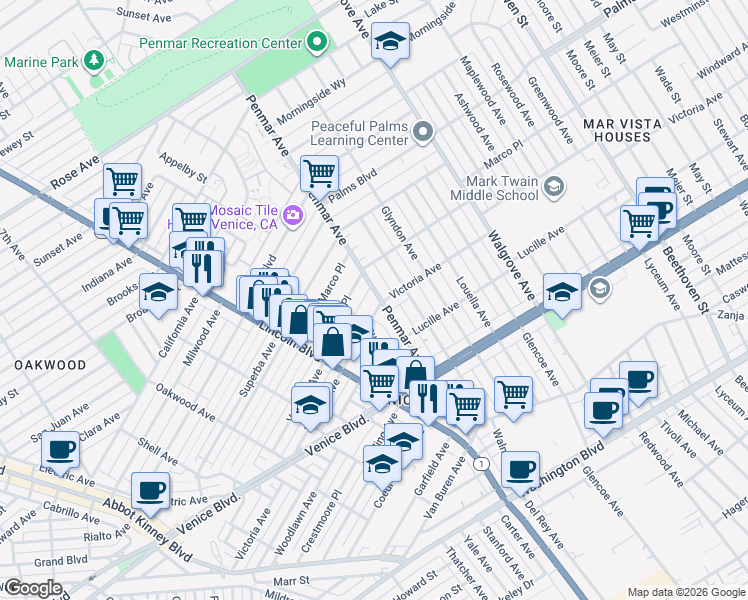 map of restaurants, bars, coffee shops, grocery stores, and more near 2139 Penmar Avenue in Los Angeles