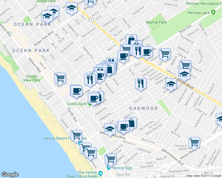 map of restaurants, bars, coffee shops, grocery stores, and more near 541 Sunset Avenue in Los Angeles