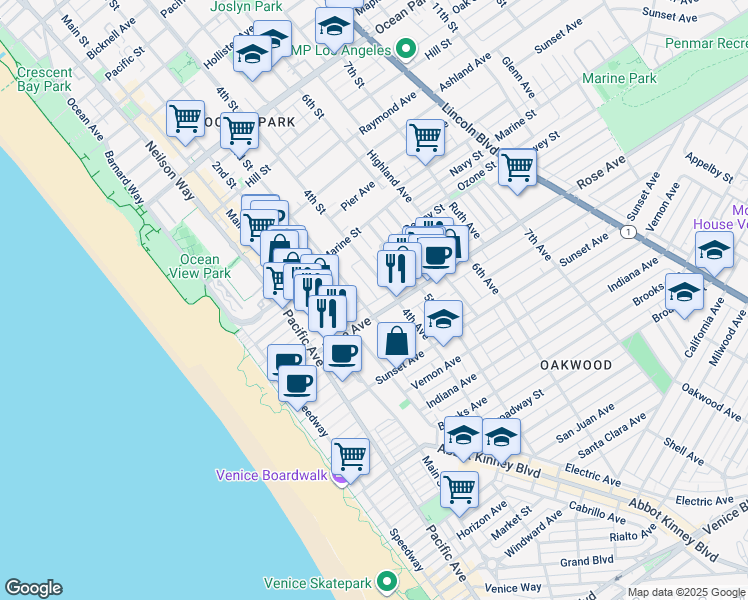 map of restaurants, bars, coffee shops, grocery stores, and more near 345 Rose Avenue in Los Angeles