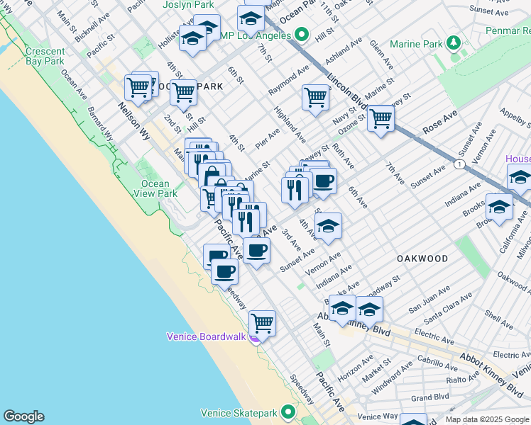 map of restaurants, bars, coffee shops, grocery stores, and more near 234 Hampton Drive in Los Angeles