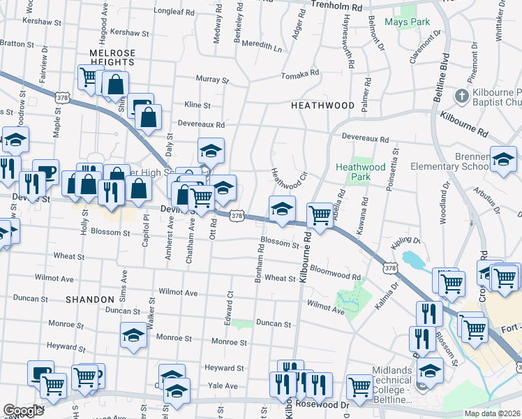 map of restaurants, bars, coffee shops, grocery stores, and more near 3505 Devine Street in Columbia