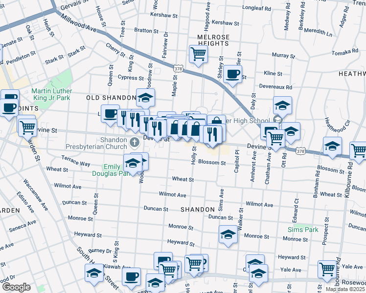 map of restaurants, bars, coffee shops, grocery stores, and more near 2864 Devine Street in Columbia