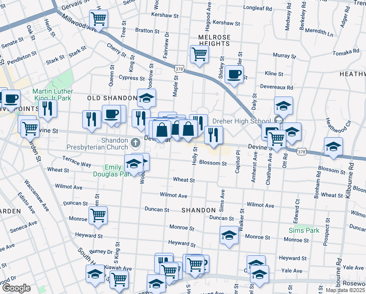 map of restaurants, bars, coffee shops, grocery stores, and more near 2803 Shandon Place in Columbia