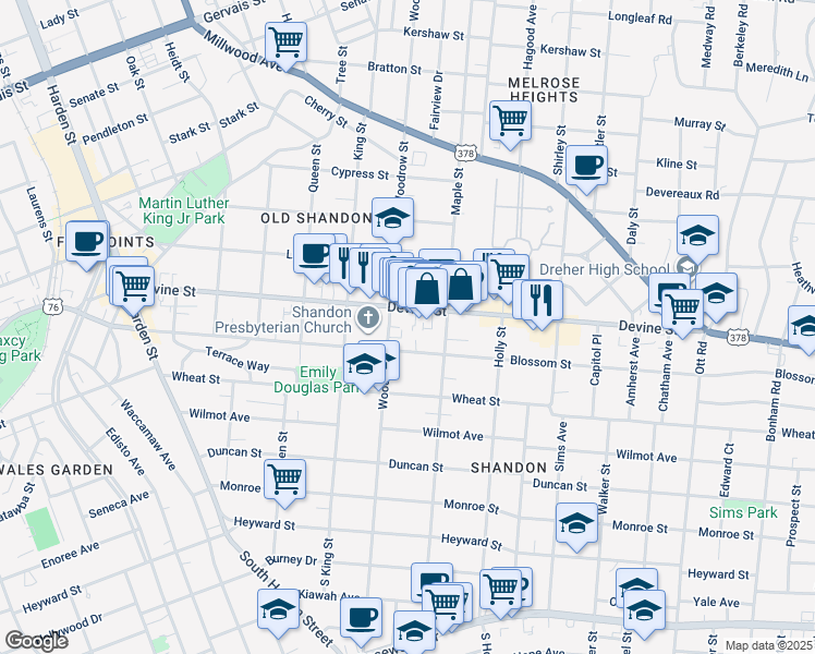 map of restaurants, bars, coffee shops, grocery stores, and more near 2720 Devine Street in Columbia