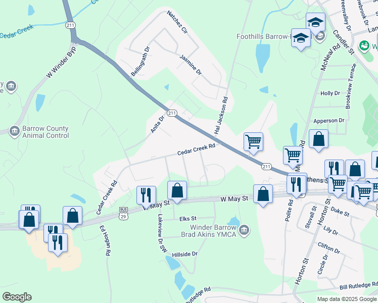 map of restaurants, bars, coffee shops, grocery stores, and more near 306 Cedar Creek Road in Winder