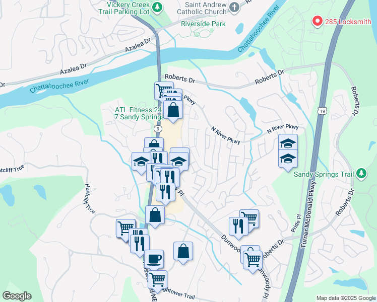 map of restaurants, bars, coffee shops, grocery stores, and more near 275 Winding River Drive in Atlanta