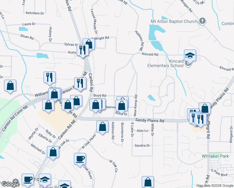 map of restaurants, bars, coffee shops, grocery stores, and more near 1900 Addison Road Northeast in Marietta