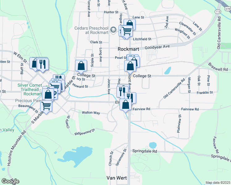 map of restaurants, bars, coffee shops, grocery stores, and more near 522 Jackson Street in Rockmart