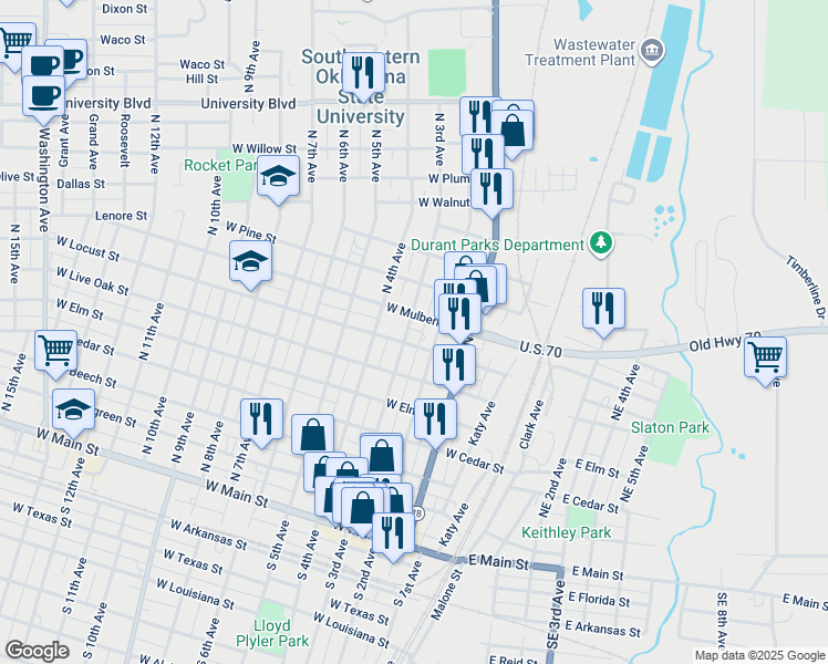 map of restaurants, bars, coffee shops, grocery stores, and more near 703 North 3rd Avenue in Durant