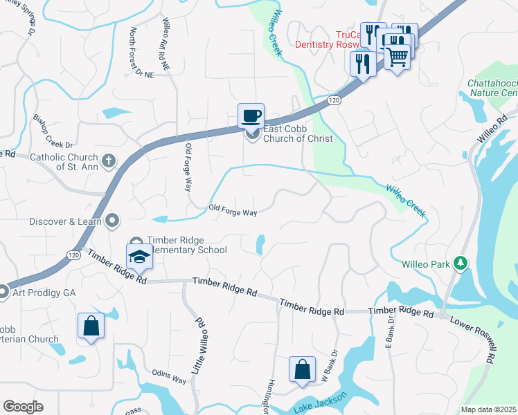 map of restaurants, bars, coffee shops, grocery stores, and more near 2049 Old Forge Way in Marietta