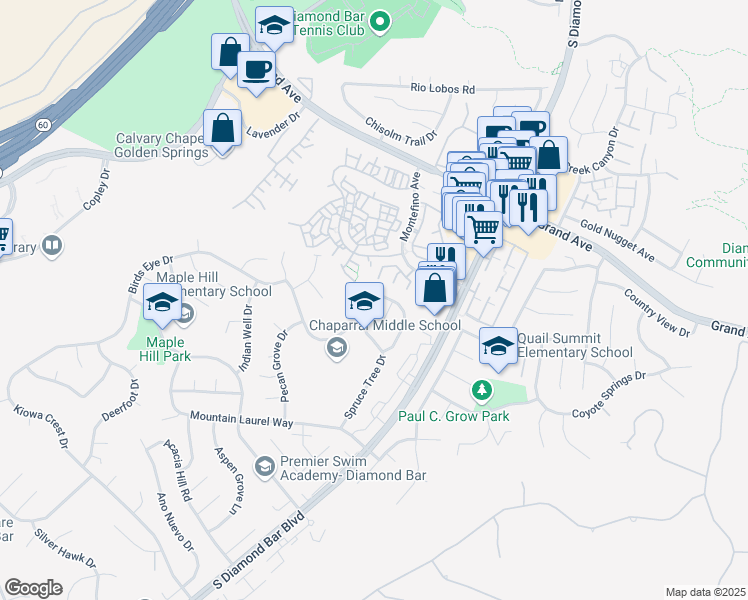 map of restaurants, bars, coffee shops, grocery stores, and more near 22904 Aspen Knoll Drive in Diamond Bar