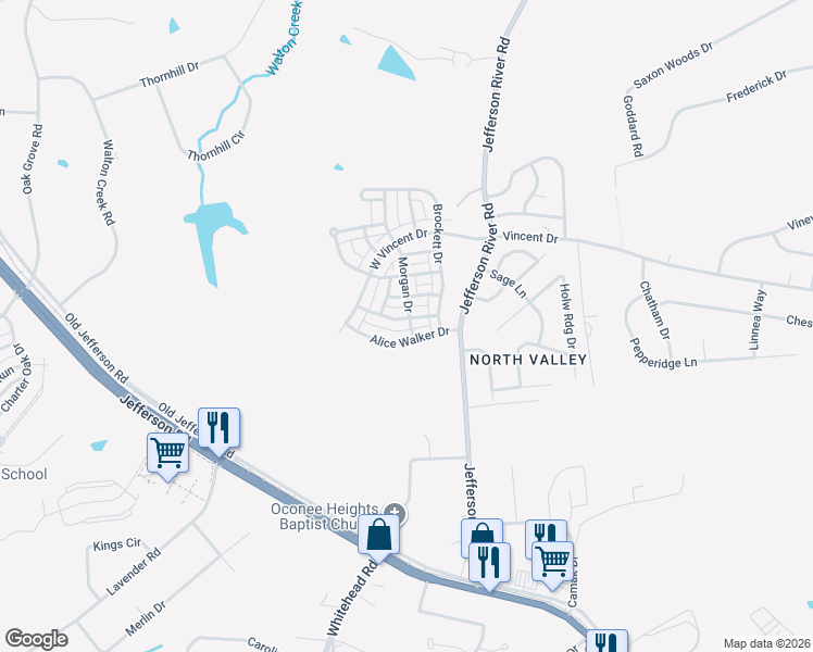 map of restaurants, bars, coffee shops, grocery stores, and more near 132 Alice Walker Drive in Athens