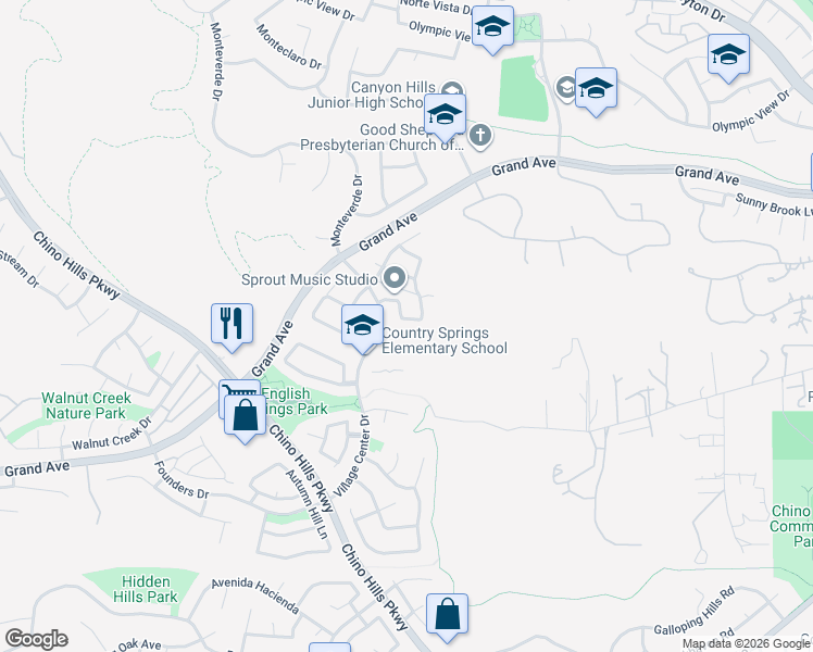 map of restaurants, bars, coffee shops, grocery stores, and more near 2473 Hawkwood Drive in Chino Hills