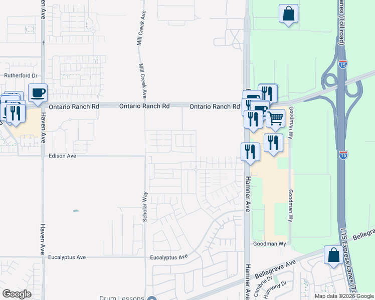 map of restaurants, bars, coffee shops, grocery stores, and more near 4071 East Peony Paseo in Ontario