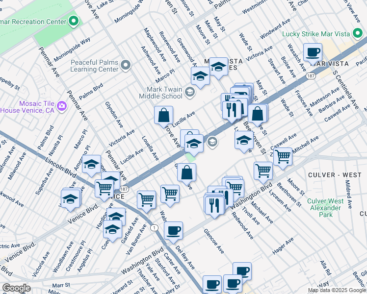 map of restaurants, bars, coffee shops, grocery stores, and more near 13267 Venice Boulevard in Los Angeles