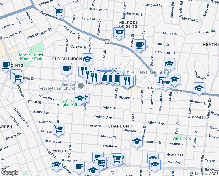 map of restaurants, bars, coffee shops, grocery stores, and more near 2864 Devine Street in Columbia