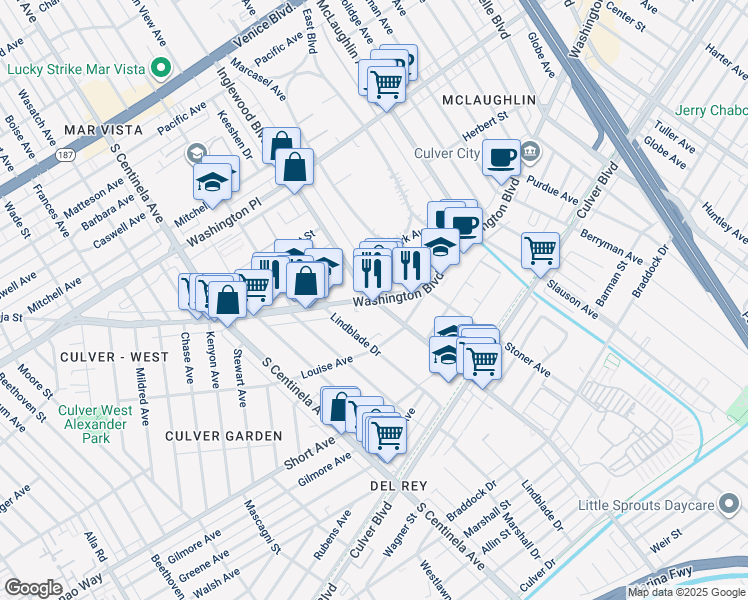 map of restaurants, bars, coffee shops, grocery stores, and more near 12000 West Washington Boulevard in Los Angeles