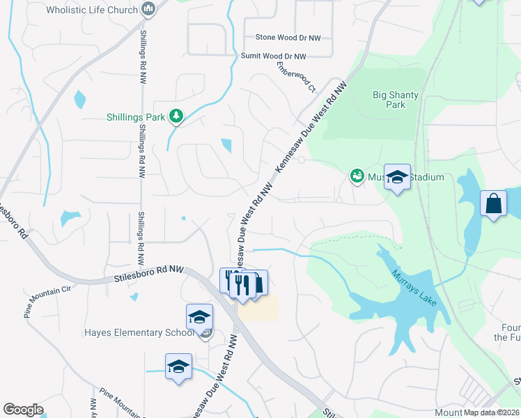 map of restaurants, bars, coffee shops, grocery stores, and more near 1800 Kennesaw Due West Road Northwest in Kennesaw