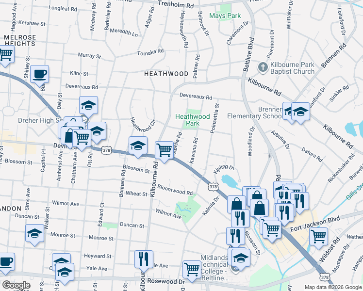 map of restaurants, bars, coffee shops, grocery stores, and more near 712 Abelia Road in Columbia