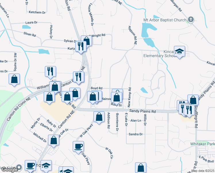 map of restaurants, bars, coffee shops, grocery stores, and more near 1900 Addison Road in Marietta