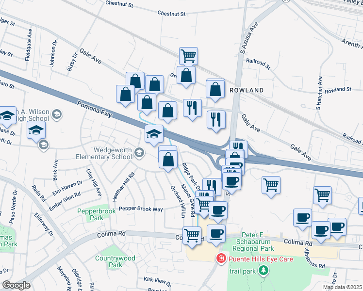 map of restaurants, bars, coffee shops, grocery stores, and more near 16907 Ridge Park Drive in Hacienda Heights