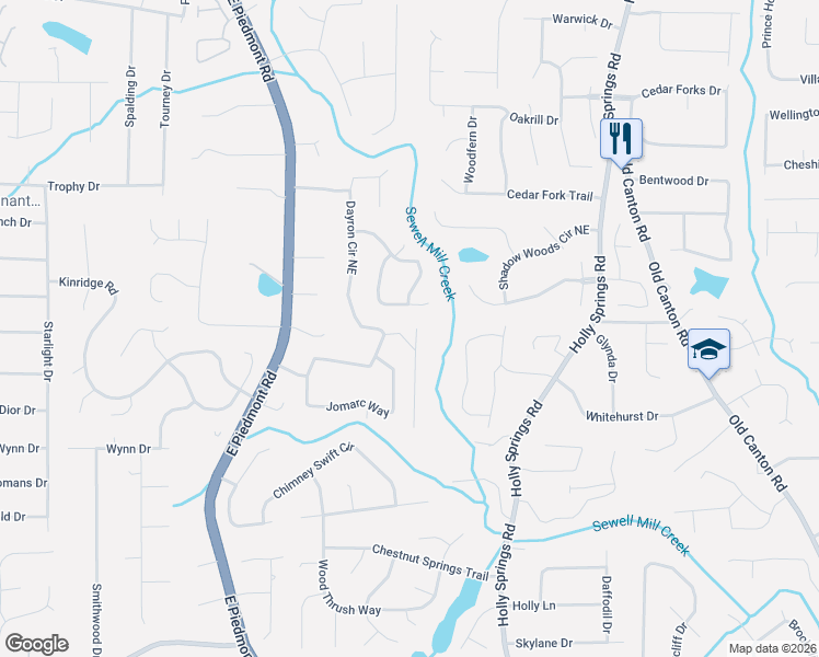map of restaurants, bars, coffee shops, grocery stores, and more near 2397 Worchester Way in Marietta