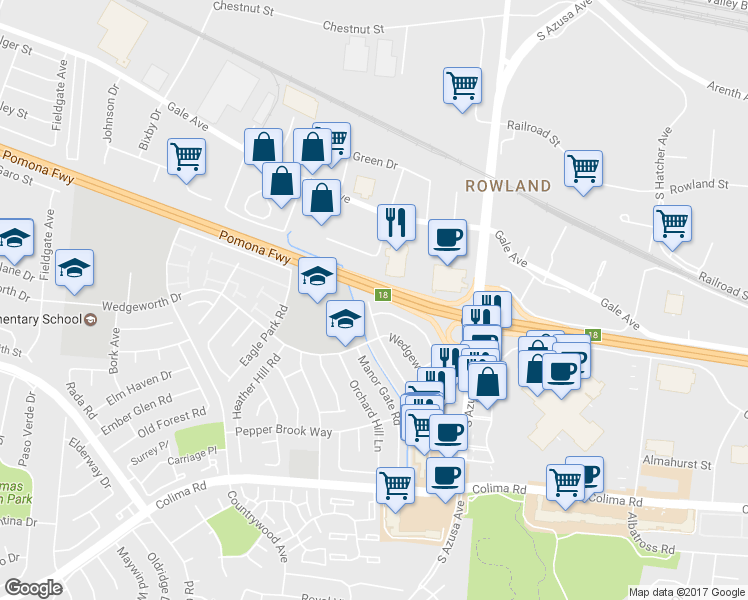 map of restaurants, bars, coffee shops, grocery stores, and more near 16907 Ridge Park Drive in Hacienda Heights
