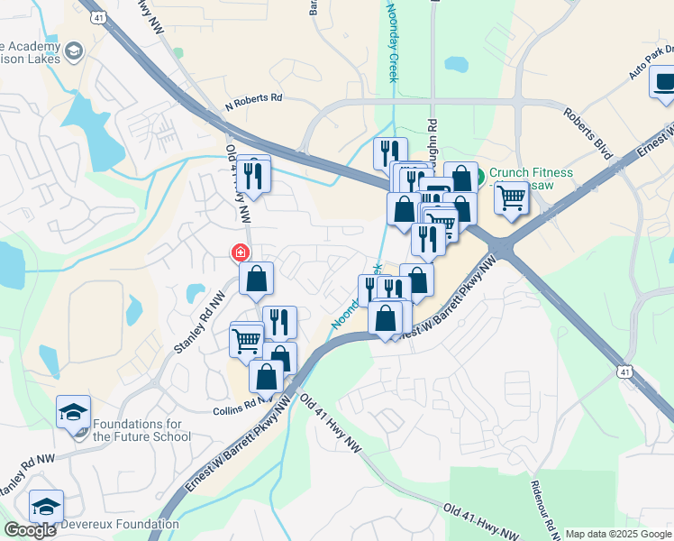 map of restaurants, bars, coffee shops, grocery stores, and more near 322 Wheeler Boulevard Northwest in Kennesaw