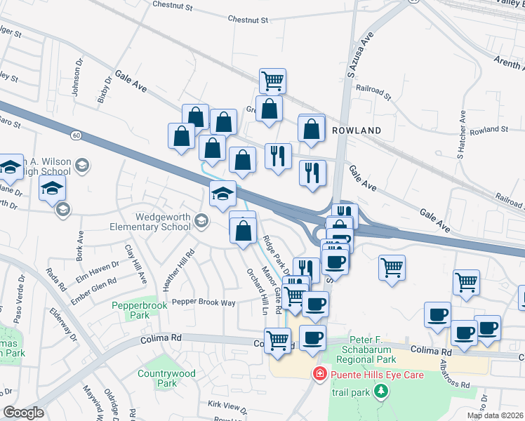 map of restaurants, bars, coffee shops, grocery stores, and more near 16907 Ridge Park Drive in Hacienda Heights
