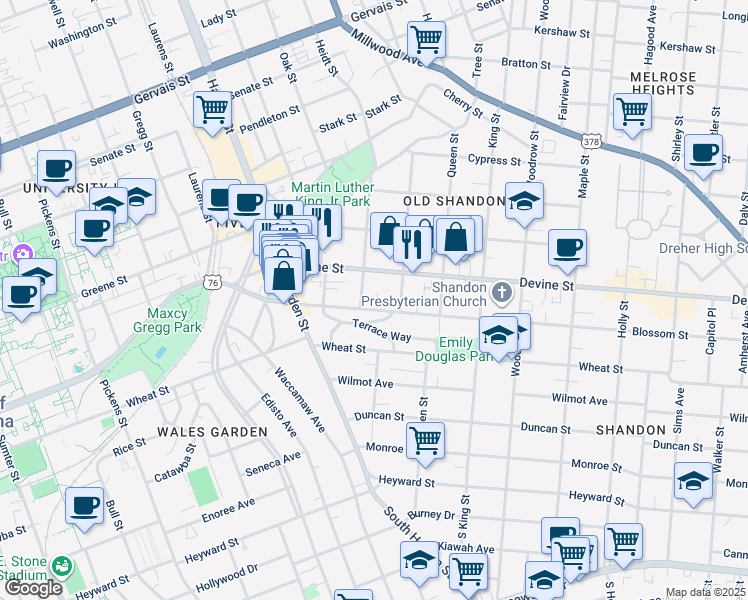 map of restaurants, bars, coffee shops, grocery stores, and more near 2305 Blossom Street in Columbia