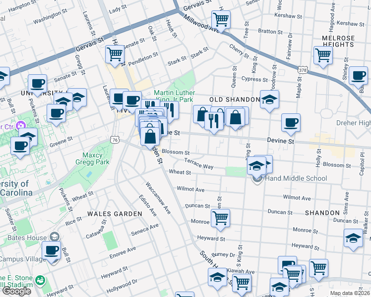 map of restaurants, bars, coffee shops, grocery stores, and more near 2305 Blossom Street in Columbia