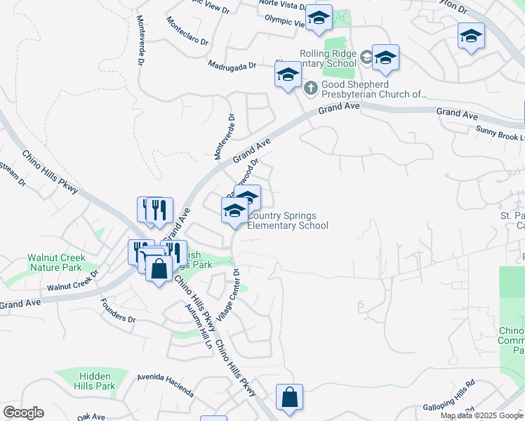 map of restaurants, bars, coffee shops, grocery stores, and more near 2473 Hawkwood Drive in Chino Hills