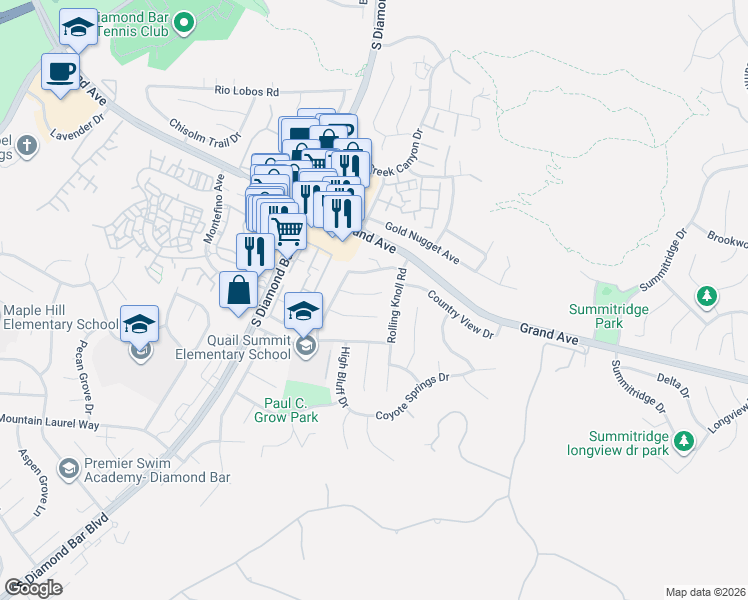 map of restaurants, bars, coffee shops, grocery stores, and more near 23444 Amberwick Place in Diamond Bar