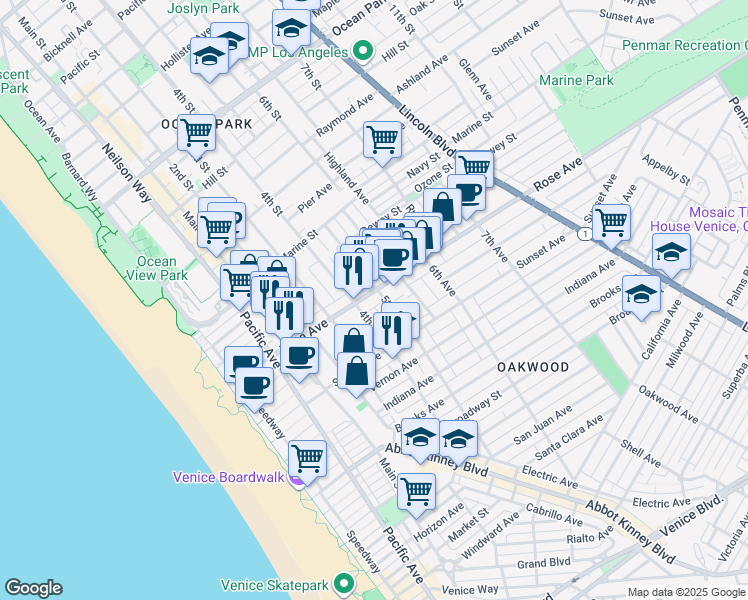 map of restaurants, bars, coffee shops, grocery stores, and more near 412 Rose Avenue in Los Angeles