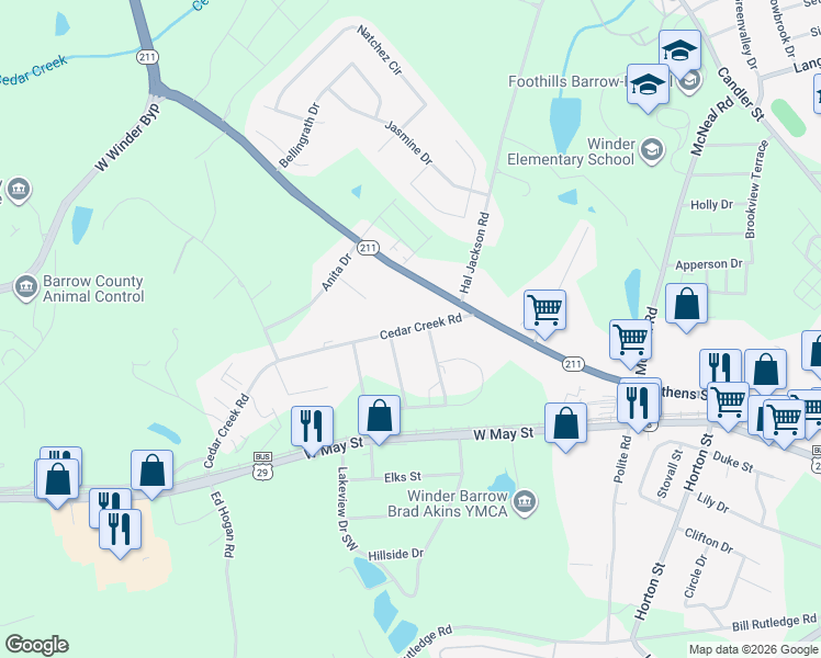 map of restaurants, bars, coffee shops, grocery stores, and more near 306 Cedar Creek Road in Winder