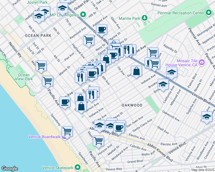 map of restaurants, bars, coffee shops, grocery stores, and more near 559 Sunset Avenue in Los Angeles