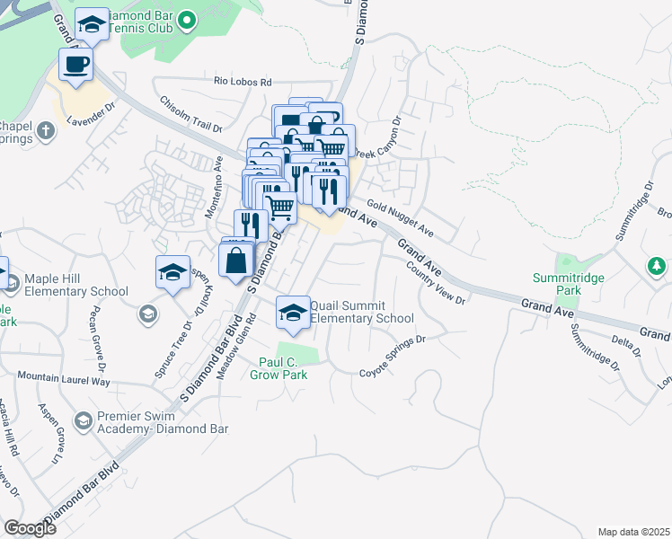 map of restaurants, bars, coffee shops, grocery stores, and more near 23414 Amberwick Place in Diamond Bar