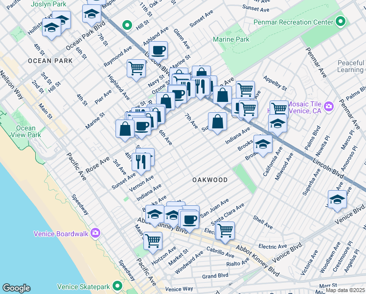 map of restaurants, bars, coffee shops, grocery stores, and more near 616 Sunset Avenue in Los Angeles